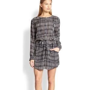 ALC Simona Silk Mini Dress Long Sleeve Front Tie Stripes Black White Small